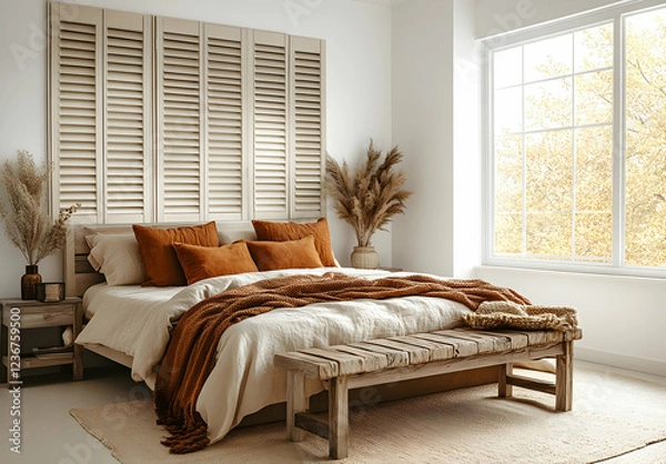 Fototapeta 
A bedroom with white walls, wooden shutters on the left side of the wall, and wooden furniture in a boho design. The bed has beige linens and orange pillows, set against a large window.