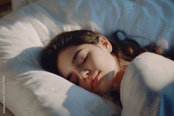Fototapeta A professional photograph of a beautiful woman peacefully sleeping in bed, wearing a white tank top. Soft lighting enhances her happy and relaxed expression against a clean white background, creating 