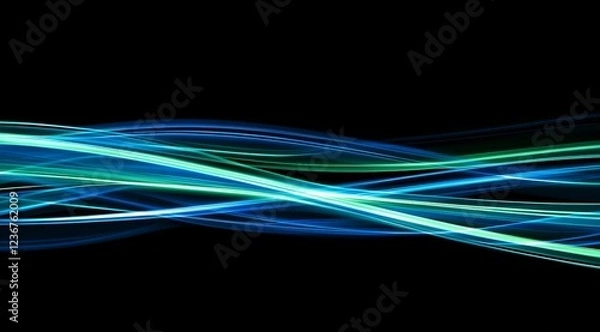 Fototapeta Abstract teal blue light wave, dark background, design element