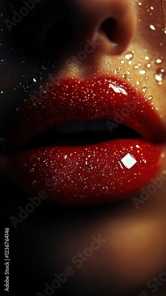 Fototapeta Close-up of sparkling red lips adorned with glitter and droplets reflecting light in a creative makeup display