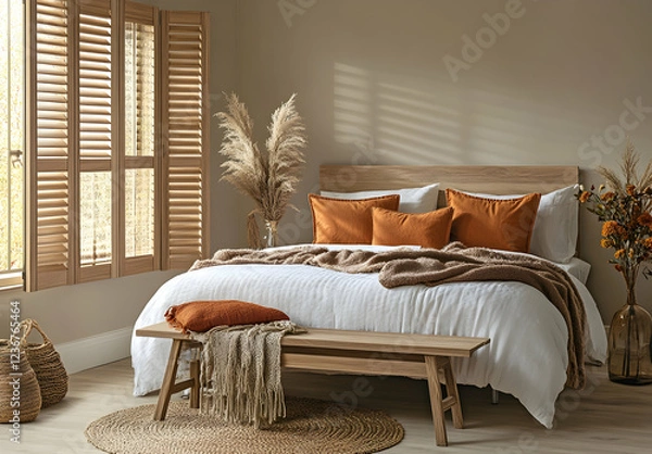 Fototapeta 
A minimalist bedroom with an uncluttered and cozy feel, featuring wooden shutters on the left side of the room, a white bed in front of them adorned with beige bedding, orange pillows.