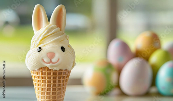 Fototapeta cute ice cream cone shaped like bunny with pastel colors, surrounded by Easter eggs