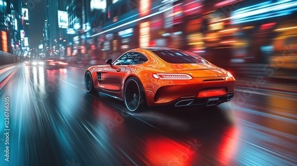 Fototapeta Orange Sports Car Speeding Through City Night