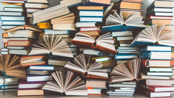 Obraz books, open books lie on the table, top view