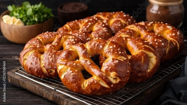 Fototapeta Snack foods pretzels organic concept. Warm, golden-brown pretzels topped with coarse salt, served on a cooling rack, accompanied by condiments and fresh herbs.