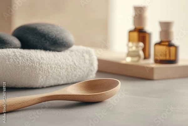 Fototapeta A wooden scoop rests on a smooth surface beside sauna stones, while blurred bottles of scented oils create a serene and calming ambiance perfect for relaxation