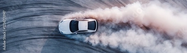 Obraz A drifting car skillfully performs a donut, leaving unique tire marks on the ground. Soft-focus smoke spirals outward, highlighting the thrilling motion in a motorsport venue