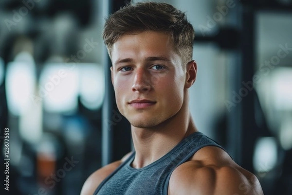 Fototapeta Portrait of a muscular athlete resting after exercising in a gym