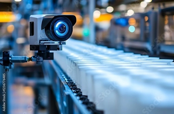 Fototapeta Automated vision system inspecting containers on a production line.