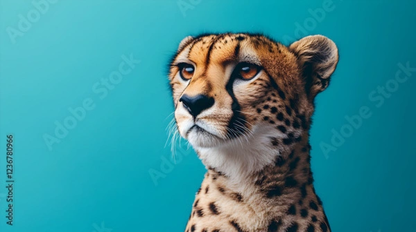 Fototapeta Leopard standing confidently against a solid blue background with a bold and charismatic presence exuding power elegance and sophistication ultra-detailed high-quality studio portrait