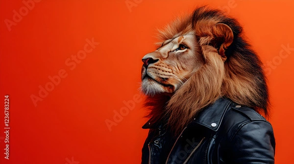 Fototapeta Lion wearing a stylish leather jacket standing confidently with a bold and charismatic presence exuding strength and attitude ultra-detailed high-quality studio portrait