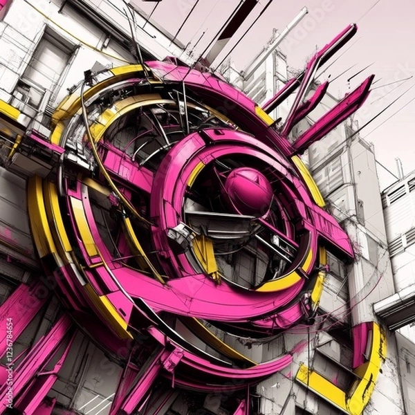 Fototapeta Abstract Pink and Yellow Rotating Mechanism Digital Artwork
