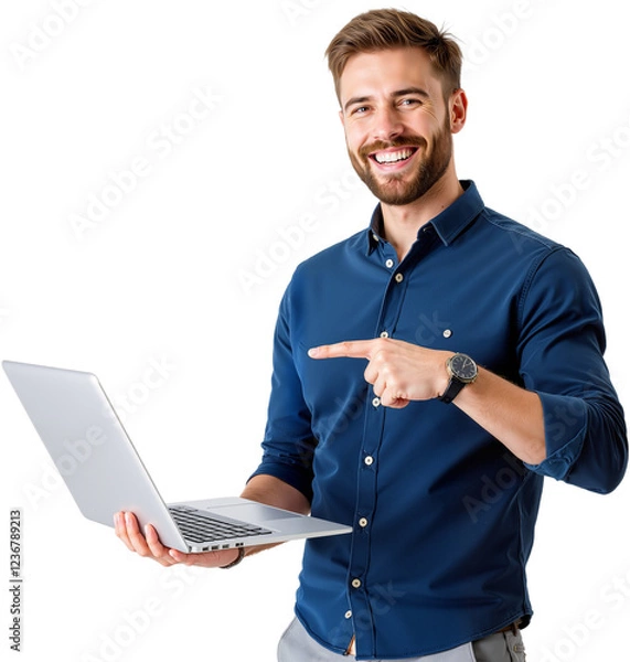 Obraz Smiling Man in Blue Shirt Holding Laptop and Pointing at It on Transparent Background, PNG format