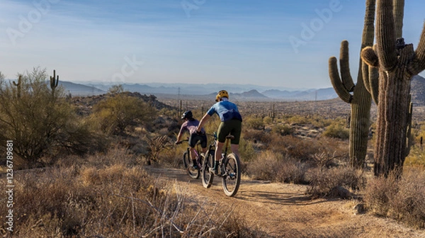 Obraz Mountain Bikers Riding Down A Sonoran Desert Trail In Scottsdale Arizona
