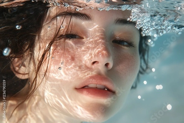Obraz A woman floats gracefully underwater, her face partially visible through sparkling light and gentle ripples. The captivating scene highlights the tranquil beauty of the moment