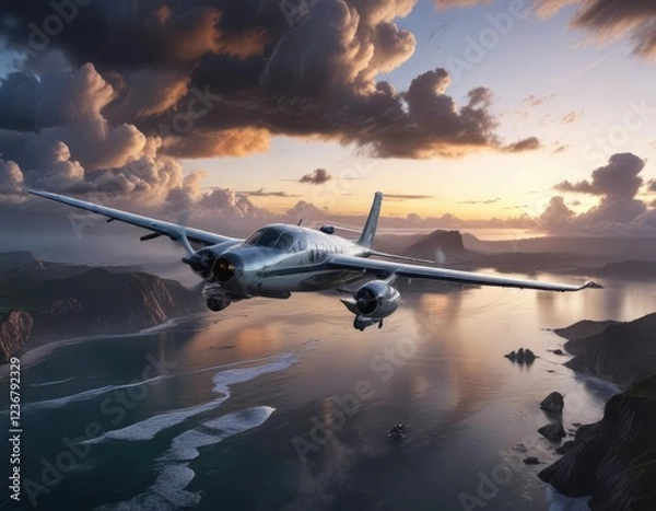 Fototapeta Low flying plane over a coastal area at dusk with some white clouds and darker grey clouds, aircraft, wave