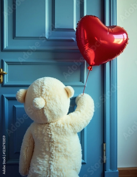 Obraz small fluffy white teddy bear with red hearth shaped baloon knoking at the door at Valentine's Day, generative ai