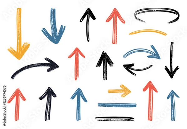 Fototapeta Abstract hand-drawn arrows set on a white background. brush drawing style. graphic elements. vector graphics.