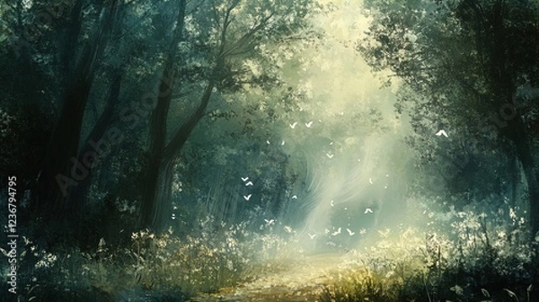 Fototapeta A serene forest scene featuring tall, dark trees with a pathway illuminated by soft, ethereal light. The ground is scattered with wildflowers and a gentle mist can be seen, enhancing the tranquil atmo