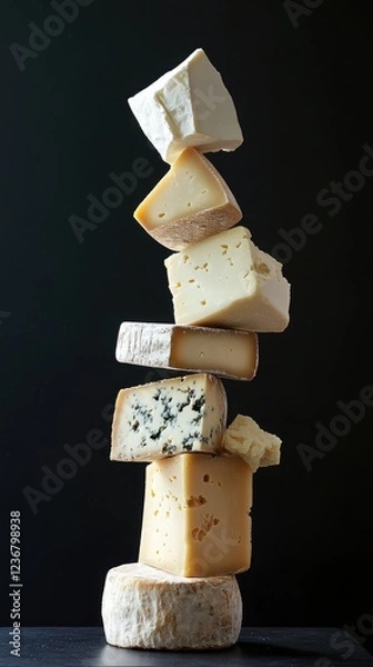 Obraz A creative stack of various cheese types showcases unique textures and colors