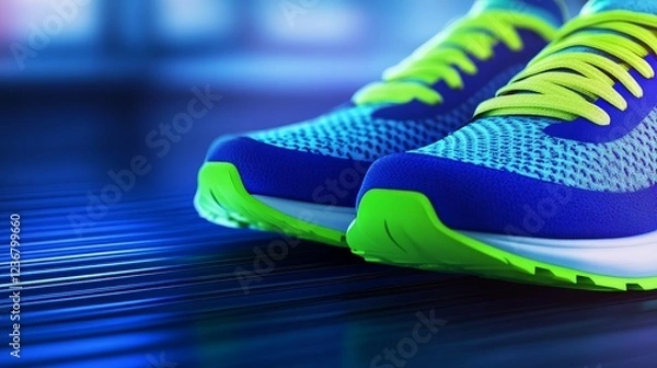 Fototapeta Close-up of vibrant athletic shoes on a sleek surface, showcasing modern design and dynamic color