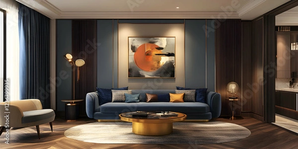 Fototapeta Modern interior design of a living room with a blue sofa and pastel-colored walls, a wood floor, a gold lamp, and a painting on the wall.