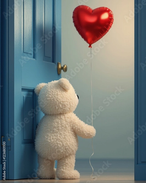 Obraz small fluffy white teddy bear with red hearth shaped baloon knoking at the door at Valentine's Day, generative ai