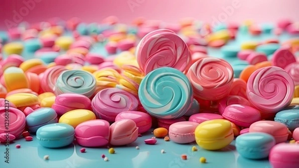 Fototapeta "Celebrating National Gumdrop Day: A Festive Display of Vibrant Gumdrops in a Glass Jar, Adorned with Sugar Crystals, Set Against a Soft Pastel Backdrop with Whimsical Lighting"