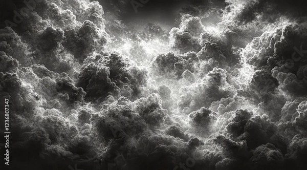 Fototapeta Dramatic grayscale image depicting a turbulent, dense cloud formation. Light penetrates through the clouds, creating a striking contrast between