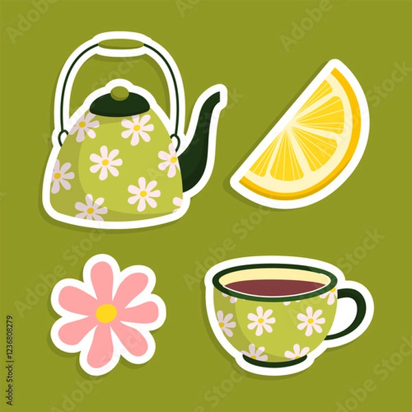 Fototapeta Seamless pattern with cute elements: teapot, tea cup, mint, lemon, chamomile. Vector illustration with ceramic tableware