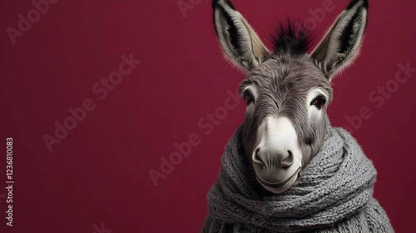 Fototapeta Donkey wearing a stylish scarf standing confidently with a charismatic and elegant presence exuding warmth and sophistication ultra-detailed high-quality studio portrait