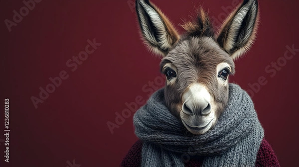 Fototapeta Donkey wearing a stylish scarf standing confidently with a charismatic and elegant presence exuding warmth and sophistication ultra-detailed high-quality studio portrait