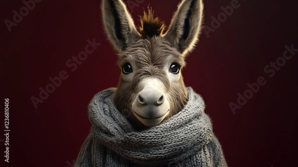 Fototapeta Donkey wearing a stylish scarf standing confidently with a charismatic and elegant presence exuding warmth and sophistication ultra-detailed high-quality studio portrait