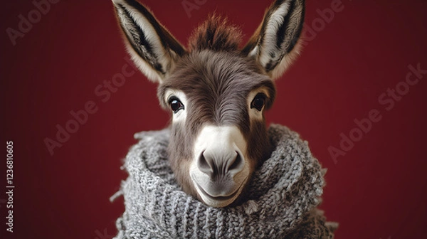 Fototapeta Donkey wearing a stylish scarf standing confidently with a charismatic and elegant presence exuding warmth and sophistication ultra-detailed high-quality studio portrait