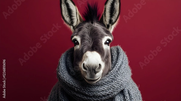 Fototapeta Donkey wearing a stylish scarf standing confidently with a charismatic and elegant presence exuding warmth and sophistication ultra-detailed high-quality studio portrait