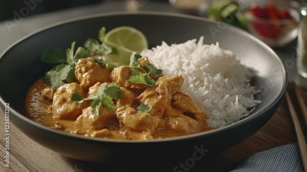 Fototapeta Delicious and Creamy Chicken Curry with White Rice, Fresh Herbs, and Lime Slice Served in a Stylish Bowl on a Wooden Table for Culinary Inspiration