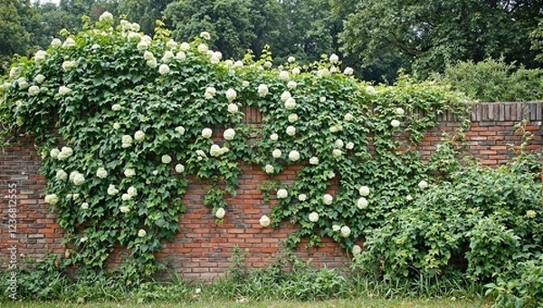 Fototapeta Wild climbing hydrangeas reclaiming abandoned brick wall blending lush green leaves with soft white blooms