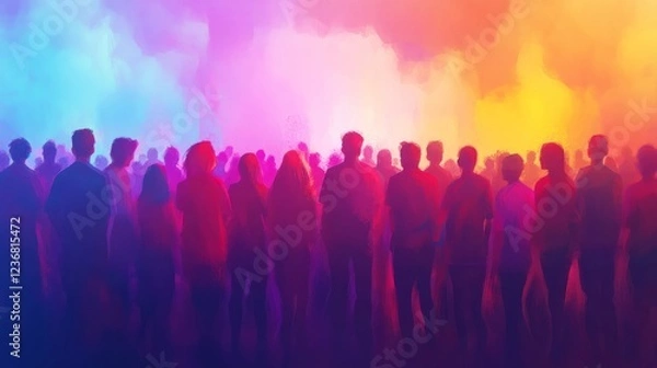 Fototapeta Large group of people attending a live music event with vibrant and colorful stage lights