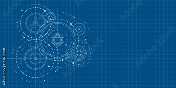 Fototapeta School education, study. Gears. Engineering industry. Technical drawing of gear .Technology background. Vector illustration.