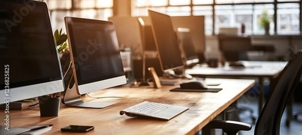 Fototapeta A sleek office setup with a focus on interactive devices