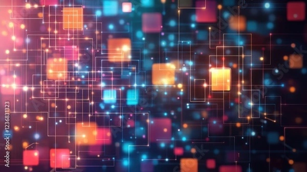 Fototapeta Colorful squares linked by lines, glowing in a dark space for tech, web, and digital use