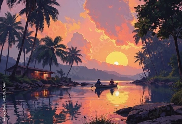 Fototapeta tropical sunset with palm trees and people on a boat