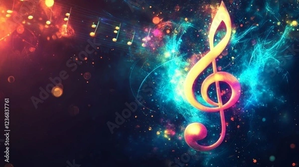 Fototapeta Mesmerizing glowing music clef radiating vibrant colors against a dark background, symbolizing magic
