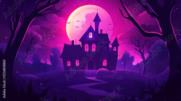 Obraz Enchanted Purple Halloween: A Spooky House Under a Magical Moon