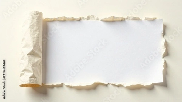 Obraz Rolled parchment paper reveals a blank, irregularly torn white sheet, ready for your message or design.