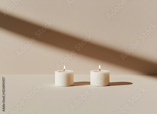 Fototapeta Three white candles isolated on a beige background, a minimalistic composition, a stock photo, a studio shot, natural lighting, high-resolution photography. 
