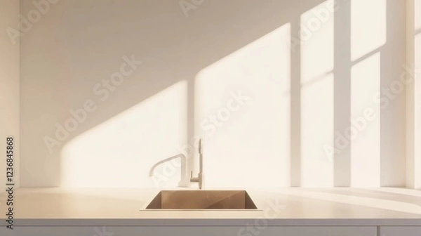 Fototapeta Modern minimalist kitchen sink in bright, airy space showcasing sleek design and empty walls