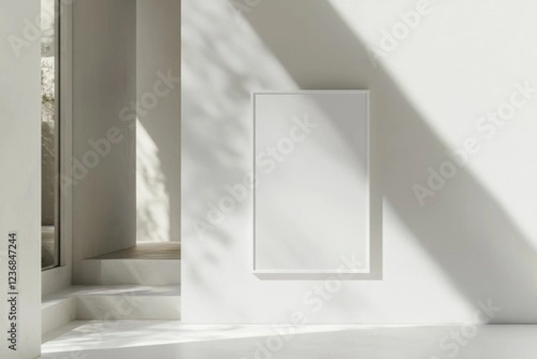 Fototapeta Minimalist vertical frame reflecting daylight on a clean white wall in a serene modern space
