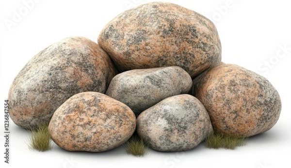 Fototapeta Close up view of a pile of tan and gray speckled rocks, some smaller than others, set against a stark white background. Small tufts of green moss are
