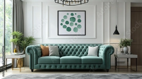 Fototapeta Teal tufted sofa in a modern living room with white walls, framed artwork, and side tables. Soft lighting and neutral decor create a calm atmosphere